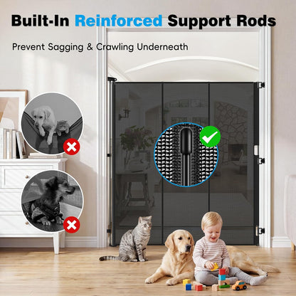 Reinforced 65" Extra Tall Pet Gate for Doorway, Jump-Resistant & Prevent Crawling Underneath Retractable Baby Gates Extra Tall, 0-55" W Retractable Dog Gate for Pet, Dogs, Cats, Puppies, Babies, Black