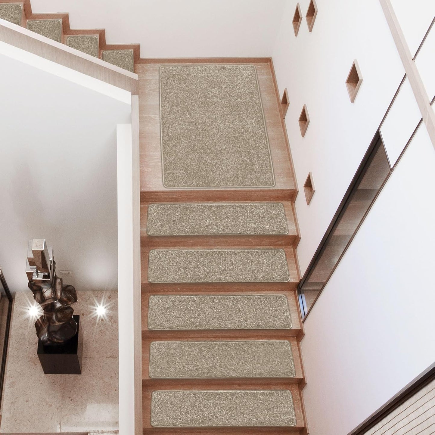 PURE ERA Bullnose Carpet Stair Treads Set Tape Free Non-Slip Indoor Stair Protectors Pet Friendly Rugs Covers Soft Skid Resistant Washable Reusable 9.5" x 30"(14 Pieces,Cream Gray)