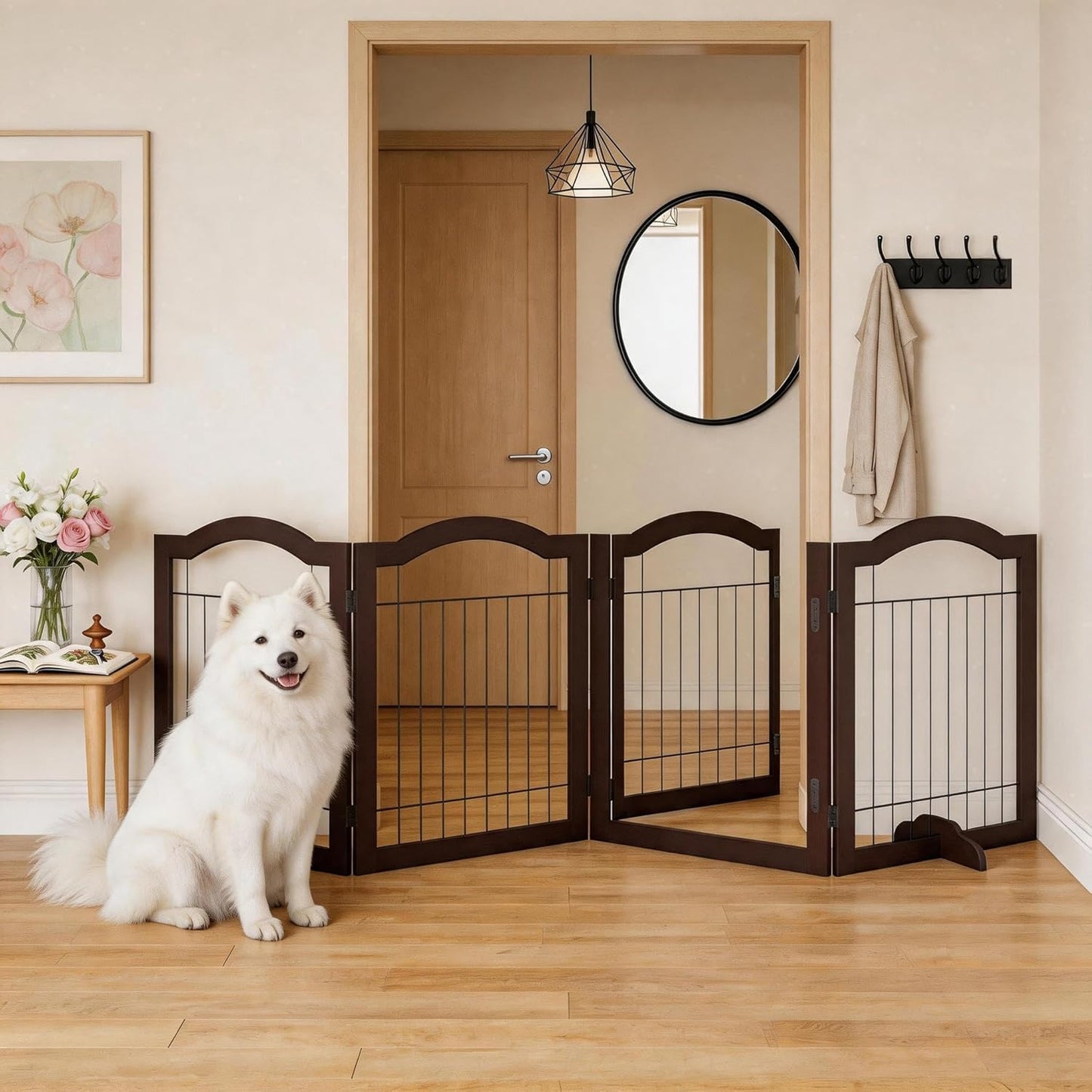 Vantas Espresso Wooden Folding Dog Gate 144" Wide x 30" Tall with Door, Freestanding Pet Gate, Pet Puppy Safety Fence