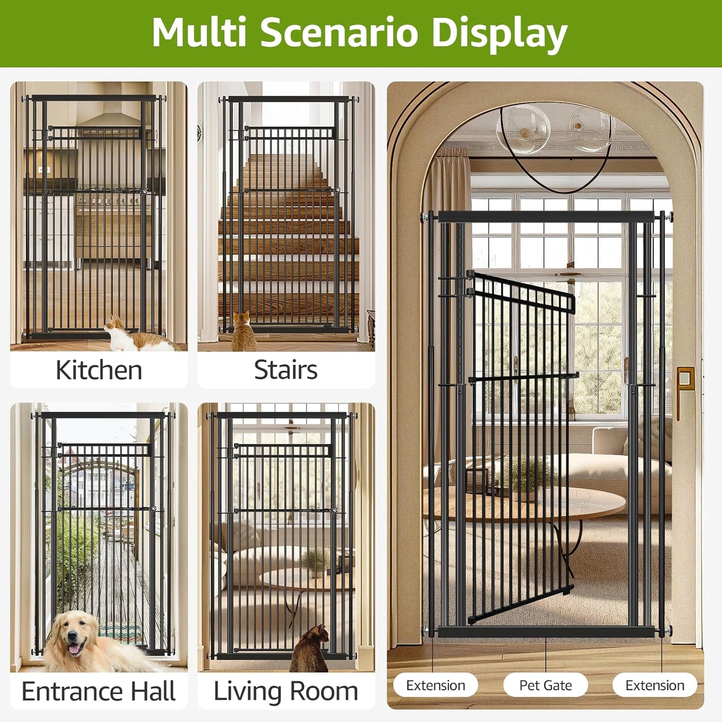 78.8" Extra Tall Pet Gate for Cat/Dog, 32.8-37.4" Wide Tall Cat Gate for Doorways/Hallways, NO Drilling Pressure Mounted Dog Gate for Stairs, Studio, Kitchen (Black)
