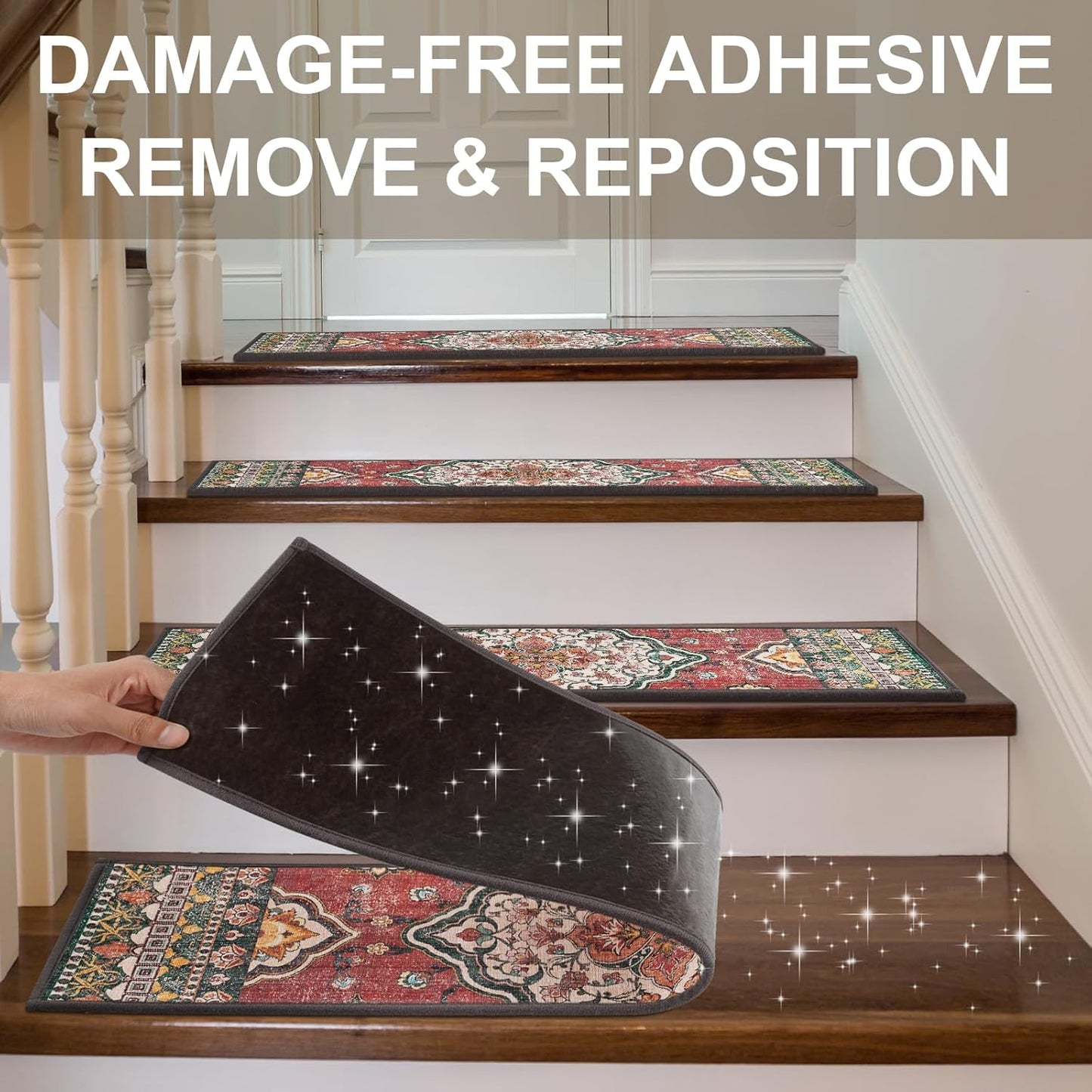 Non Slip Stair Treads for Wooden Steps Indoor, Dark Grey, 15pcs, 30"X8", Soft Carpet Mat, Machine Washable Boho Carpet Treads with Reusable Adhesive Backing, Safety Stair Tread for Dogs, Kids, Elders