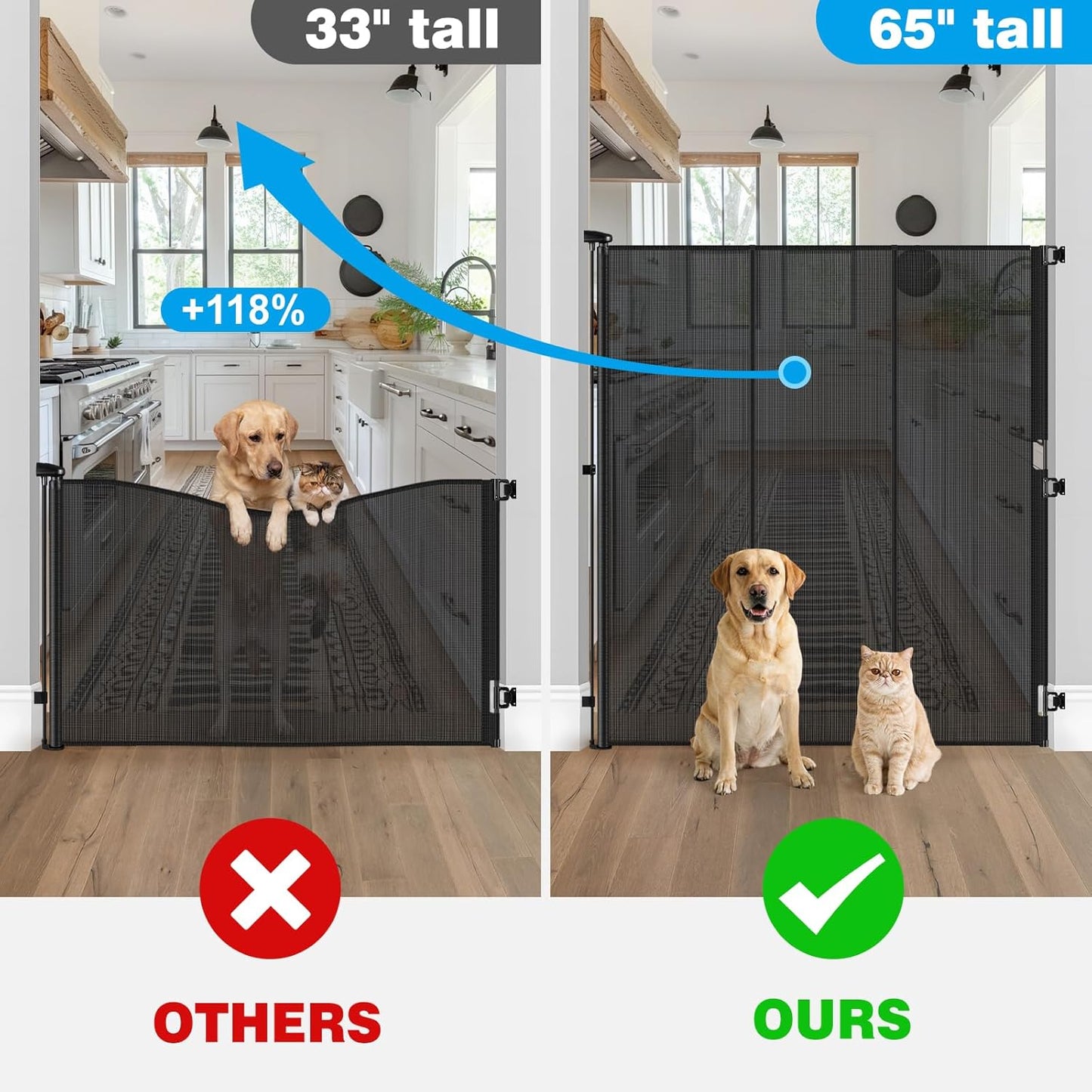 Reinforced 65" Extra Tall Pet Gate for Doorway, Jump-Resistant & Prevent Crawling Underneath Retractable Baby Gates Extra Tall, 0-55" W Retractable Dog Gate for Pet, Dogs, Cats, Puppies, Babies, Black
