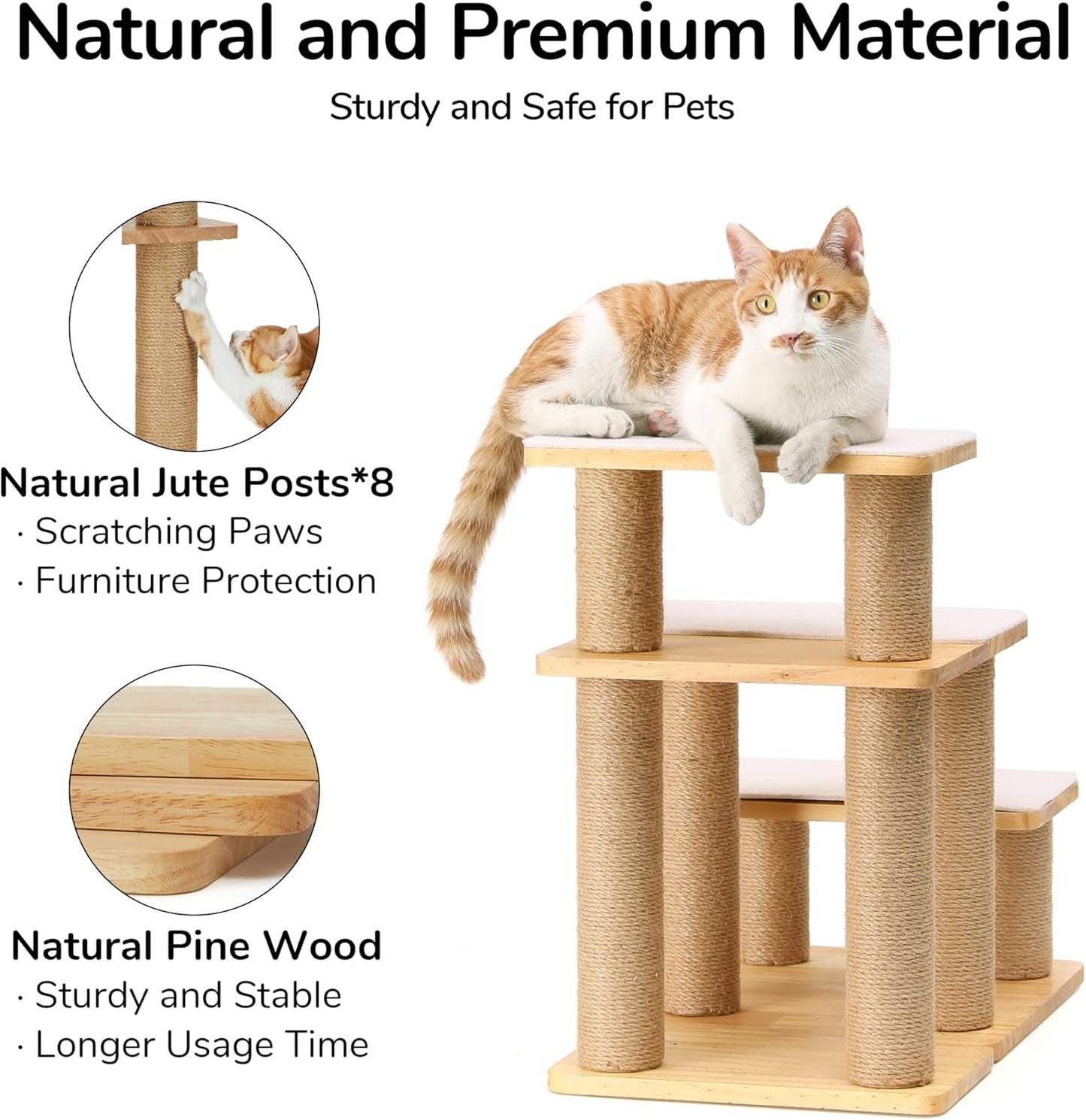 FUKUMARU 3-in-1 Pet Stairs, Retro-style Dog Steps for Cats and Small Dogs, Wooden Cat Stairs for High Bed with Scratching Post, Dog Ramp for Couch with Cat Condo Cave, Easy to Clean & Aesthetic Design