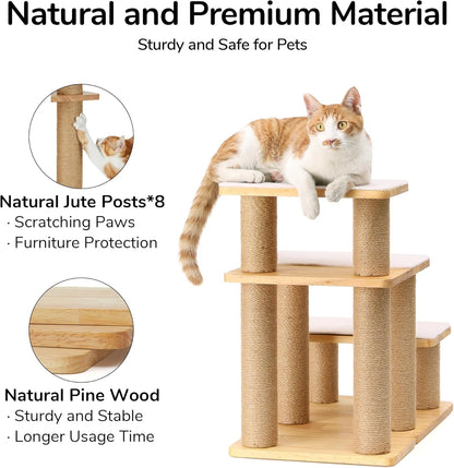 FUKUMARU 3-in-1 Pet Stairs, Retro-style Dog Steps for Cats and Small Dogs, Wooden Cat Stairs for High Bed with Scratching Post, Dog Ramp for Couch with Cat Condo Cave, Easy to Clean & Aesthetic Design