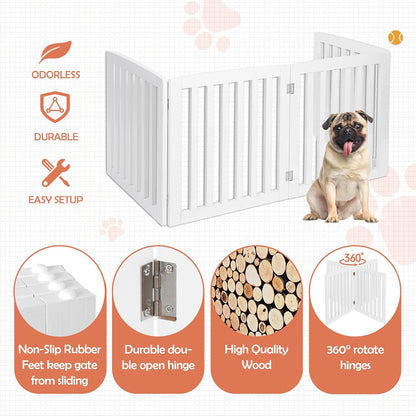 Freestanding Pet Dog Gate 36 Inch Foldable Fence Indoor 3 Panel Extra Wide Wooden Dog Door for Stairs Hallways Doorways