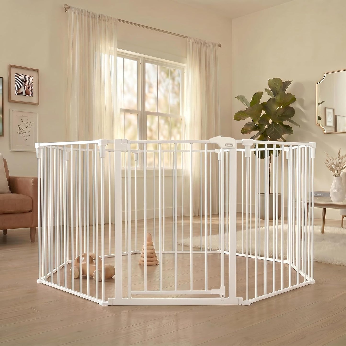 Regalo Safety 28"-76” Super Wide Configurable Baby Gate for Doorways & Open Spaces, 3-Panel Wall Mounted Safety Gate with Door for Babies, Toddlers & Pets, Includes Wall Mount Hardware