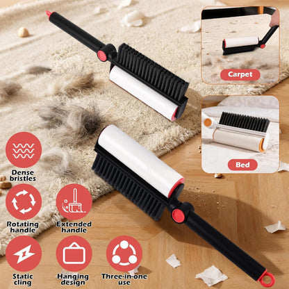 3-in-1 Pet Hair Remover Tool: Soft Dust Brush, Lint Roller for Clothes & Bench Brush with 180° Adjustable Handle, Pet Hair Removal for Dog/Cat Hair on Clothes, Bed, Sofa (2-pack lint roller, One Size)