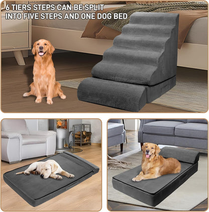 Dog Stairs for High Beds 30-36 inches Tall, 6-Step Pet Stairs/Steps for High Bed 32-36 inches for Small Large Dogs, Foam Dog Steps for Beds for Old Dogs/Cats, Dark Grey