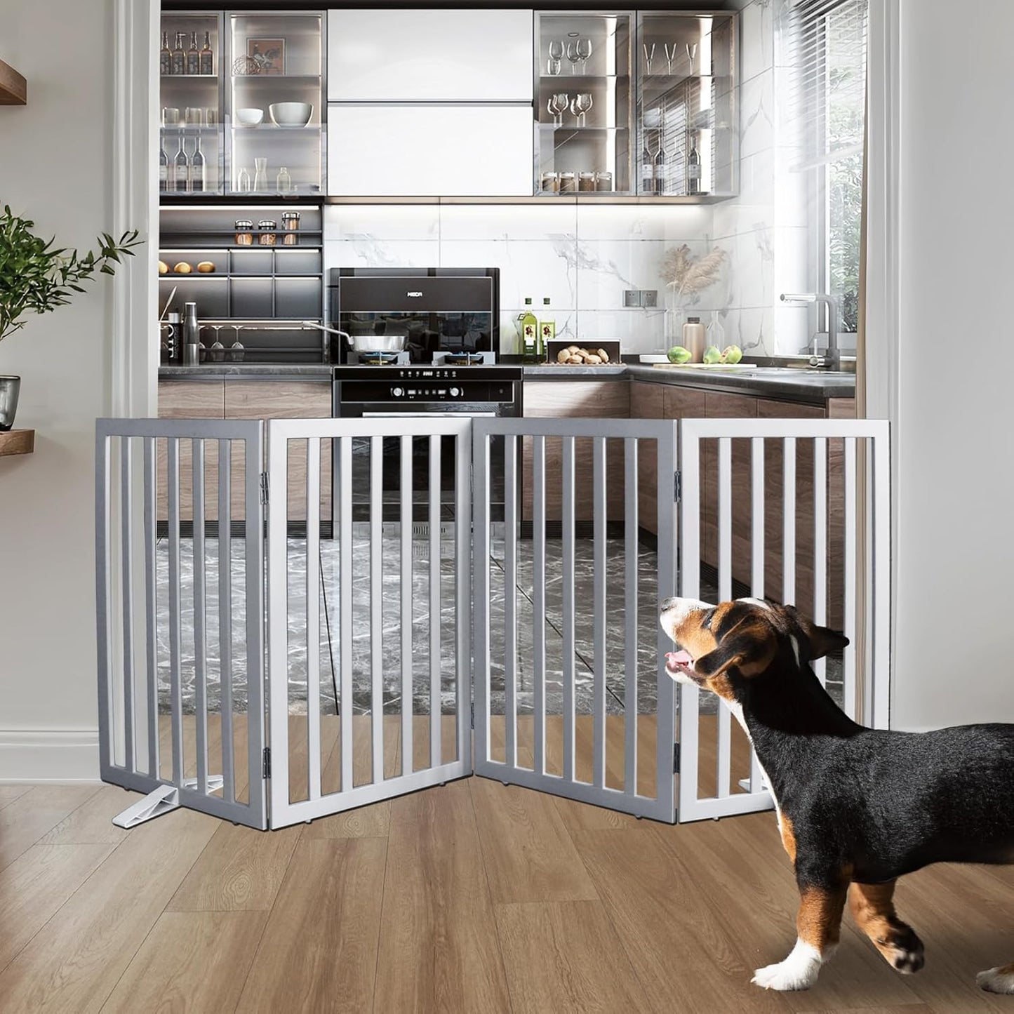 ZJSF Freestanding Indoor Dog Gate for House Foldable Wood Puppy Gate for Doorways Pet Gate for Stairs Extra Wide Pet Fence, Brown, 24" Height 3 Panels