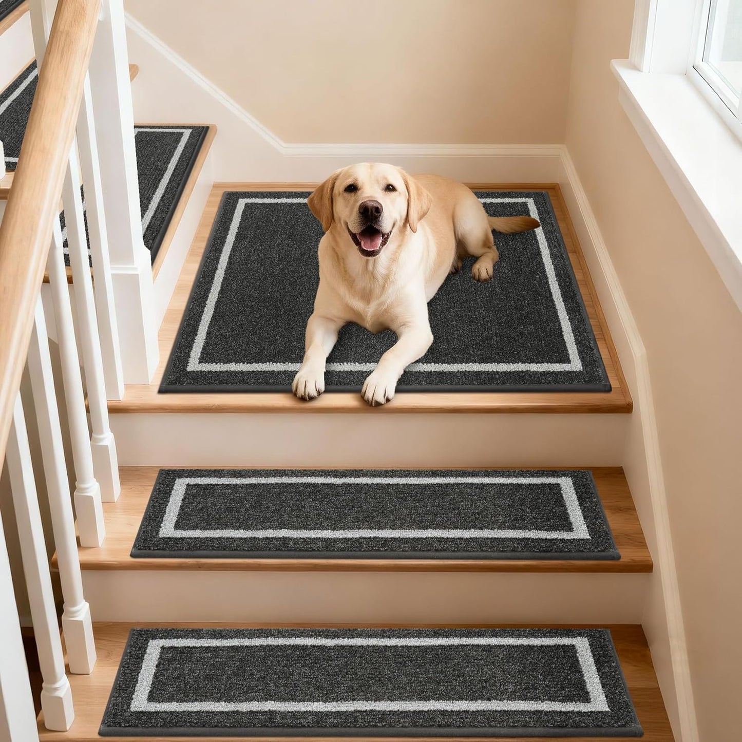 COSY HOMEER Soft Stair Treads Non-Slip Carpet Mat 28inX9in Indoor Stair Runners for Wooden Steps,Stair Rugs for Kids and Dogs, 100% Polyester TPE Backing 4pcs,Beige