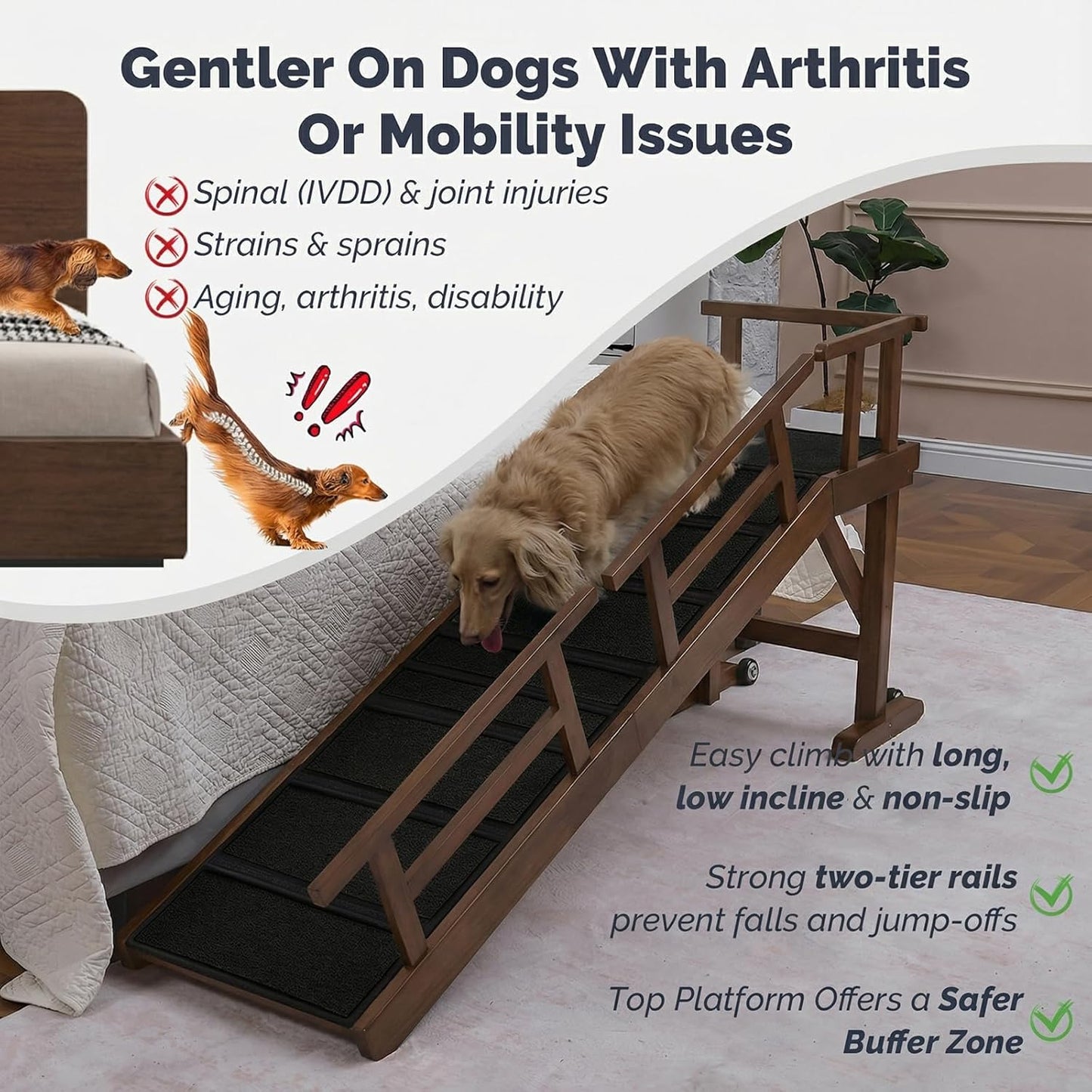 Dog Ramp for Bed or Couch, Wooden Pet Ramp with 20° Gentle Slope, Removable Side Rails, Non-Slip Surface, Top Platform & Wheels, Safe Bed Ramp for Small, Large & Senior Dogs, 60" Long, Mahogany
