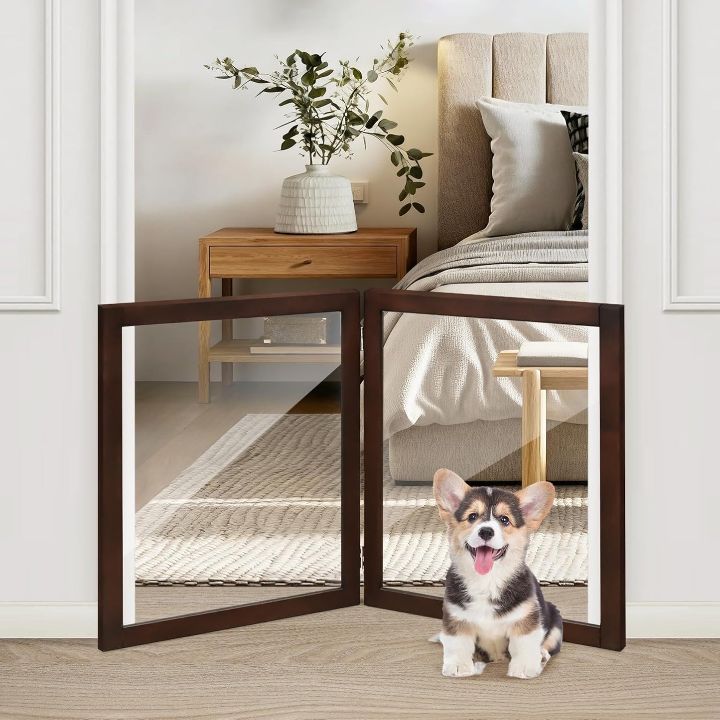 LZRS Clear Dog Gate for Indoor Use - Transparent Pet Fence with Solid Hardwood and Plastic Board, Stylish & Durable freestanding Pet Gate for Doorways, Stairs and Hallways-2 Panel Cherry