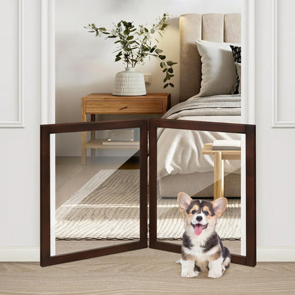 LZRS Clear Dog Gate for Indoor Use - Transparent Pet Fence with Solid Hardwood and Plastic Board, Stylish & Durable freestanding Pet Gate for Doorways, Stairs and Hallways-2 Panel Cherry