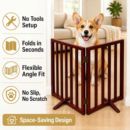 Japard Dog Gate 2 Panels - Foldable Indoor Fence Freestanding with Support Feet, 24 in Tall 35.4" Wide, Small Pets, Cats, Rabbits, Puppy, Lightweight 4 lbs (Wood Brown, Mahogany)
