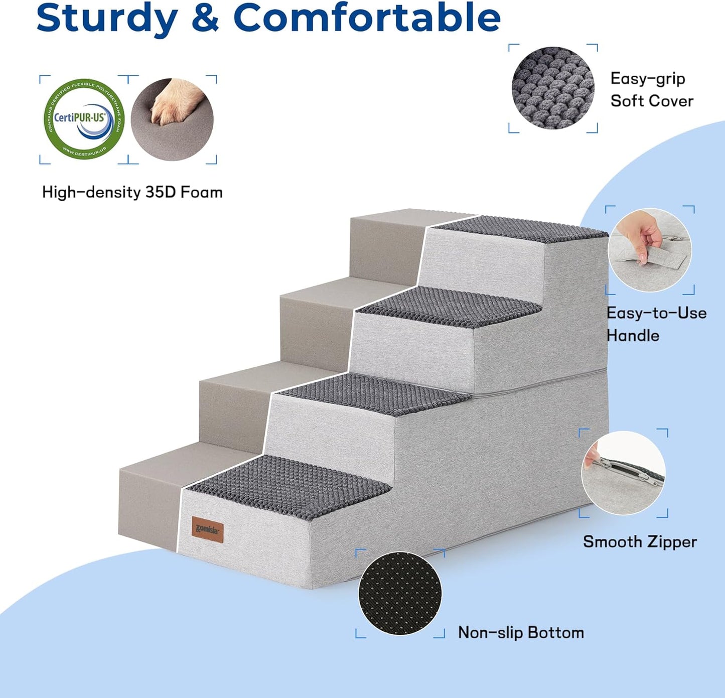 ZOMISIA Dog Ramp for Large Dogs - 24"H 5-Step Pet Stairs for High Beds with Tunnel, 2-in-1 Design with Zippers, Suitable for Indoor Cat Ladders with Non-Slip Bottom, Beige