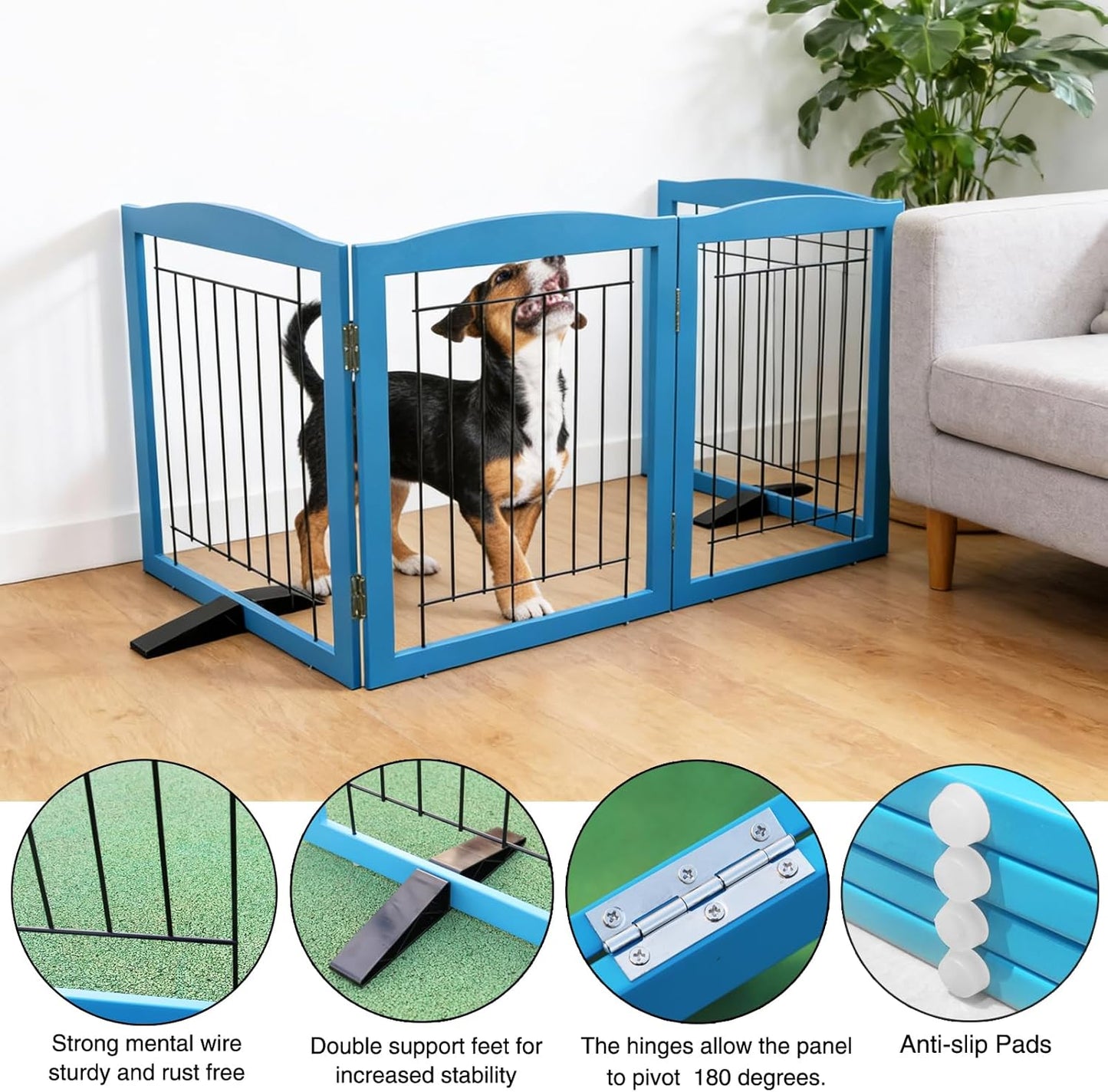 ZJSF Freestanding Dog Fence Indoor, Foldable Dog Gate for Doorways, Stairs or Hallways, Sturdy Wood Extra Wide Pet Gate with Support Feet for The House, White, 24 "Height-3 Panels