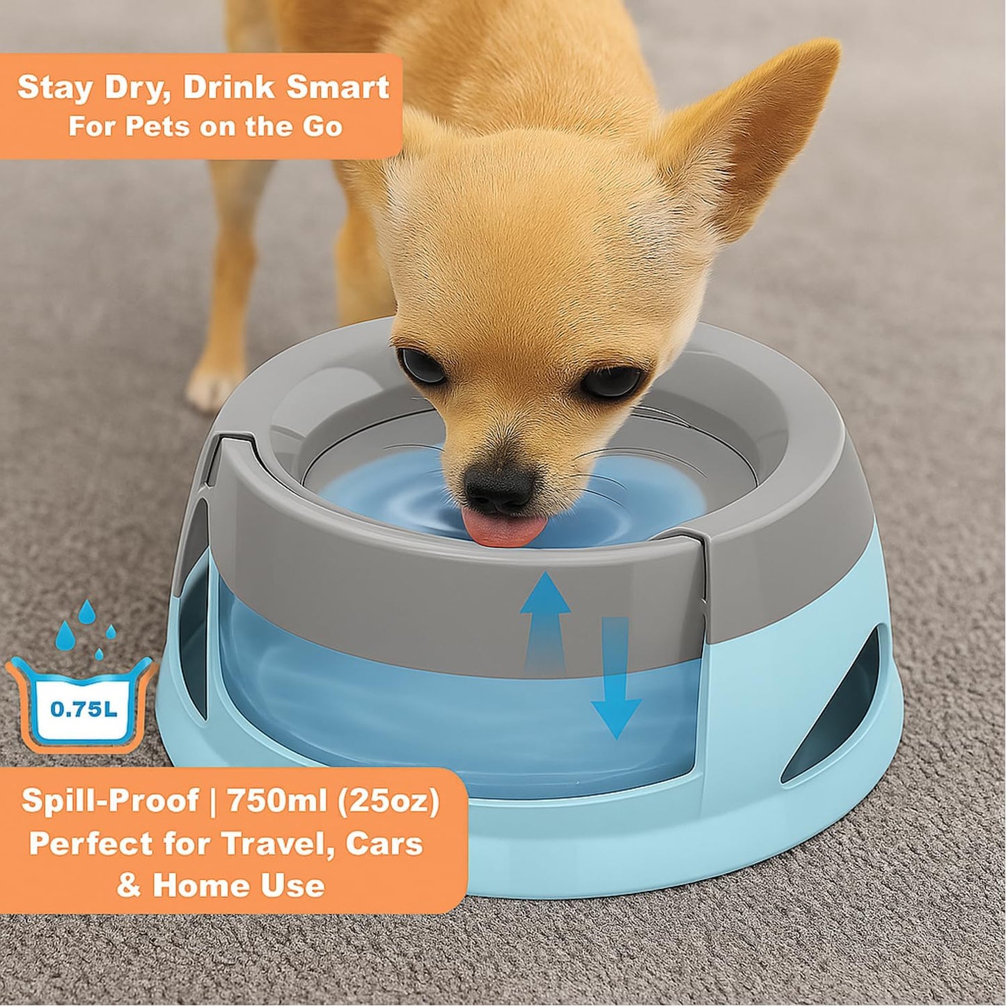 Pets No-Spill Slobber Stopper Water Bowl,Splash Proof Drinking Bowl for Home and Travel,No Messy No Drip No Sloppy Water Bowl for Sm-Med Dogs/Cats/Pets 25OZ