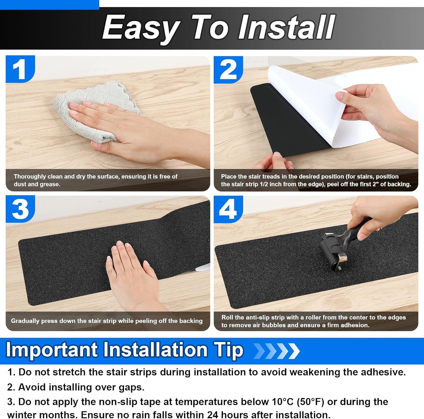SMILOOL Outdoor Stair Treads Non-Slip Step Strips for Wooden Steps 5 Pack 6” x 24” Anti Slip Grip Tape Precut for Outside Stairs, Non Skid Stair Tread Mats Weather Resistant for Outdoors, Black