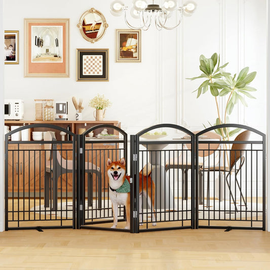 Folding No-Assembly Metal Freestanding Dog Gate with Door Walk Through,32" Height Pet Fence,144" Extra Wide Accordion Puppy Folding Playpen for Doorways,House,Stairs (6 Panels,White)