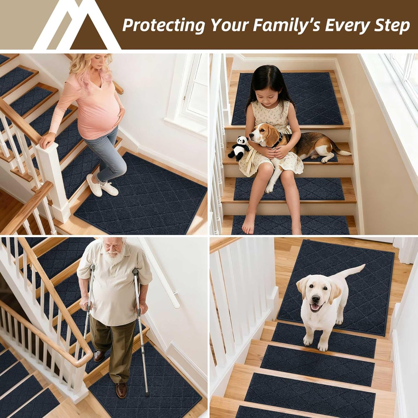 COSY HOMEER Edging Stair Treads Non-Slip Carpet Mat 28inX9in Indoor Stair Runners for Wooden Steps, Edging Stair Rugs for Kids and Dogs, 100% Polyester TPE Backing (7pc, Beige)