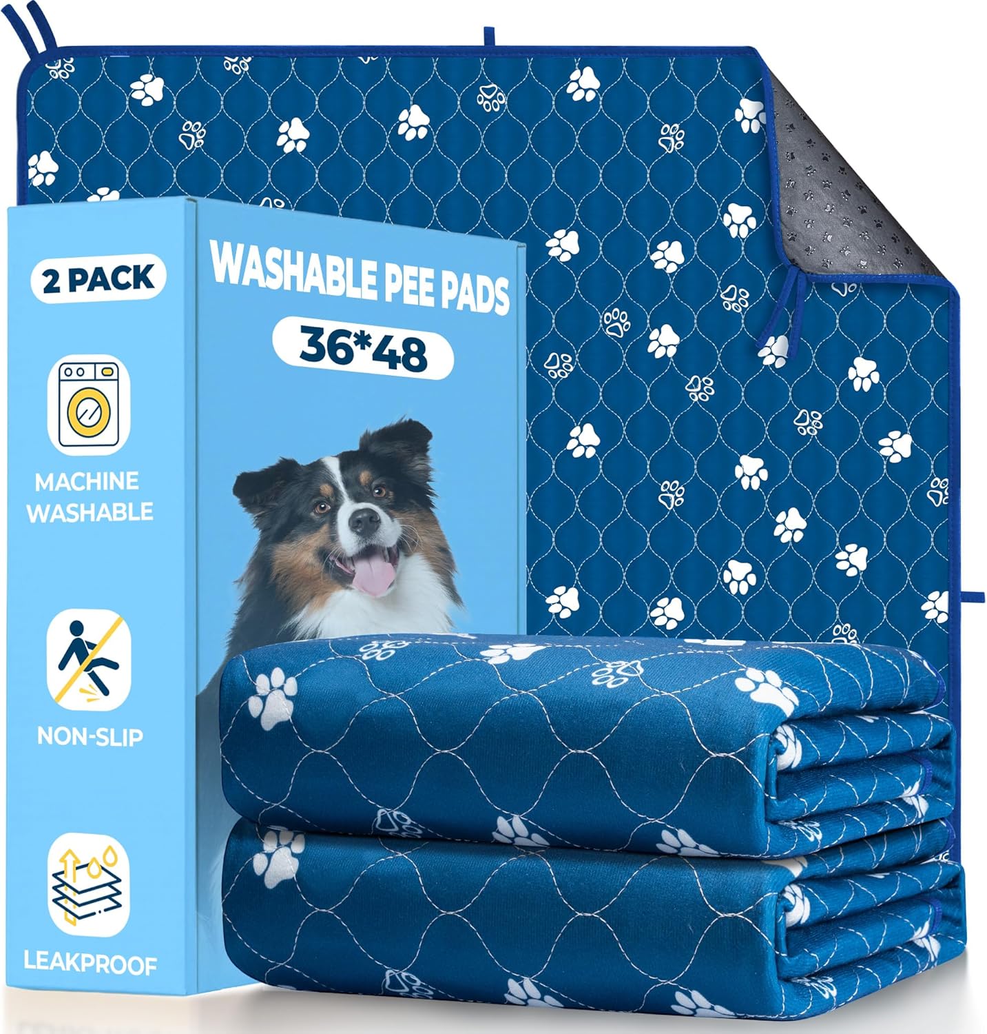 Fostanfly Washable Pee Pads for Dogs, 2 Pack Large 36"x41" Ultra-Absorbent and Leak-Proof Non-Slip Reusable Potty Training Pads for Dogs, Cats, Puppy, Potty Training of Add 8 Lanyards