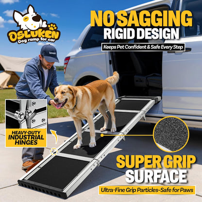71" Aluminum Alloy Dog Ramp for Car SUV Truck Side Door, Foldable Outdoor Pet Ramp with Heavy Duty Steel Hinges, Non-Slip Traction Surface, Sturdy Ramp for Large Dogs Up to 200 LBS
