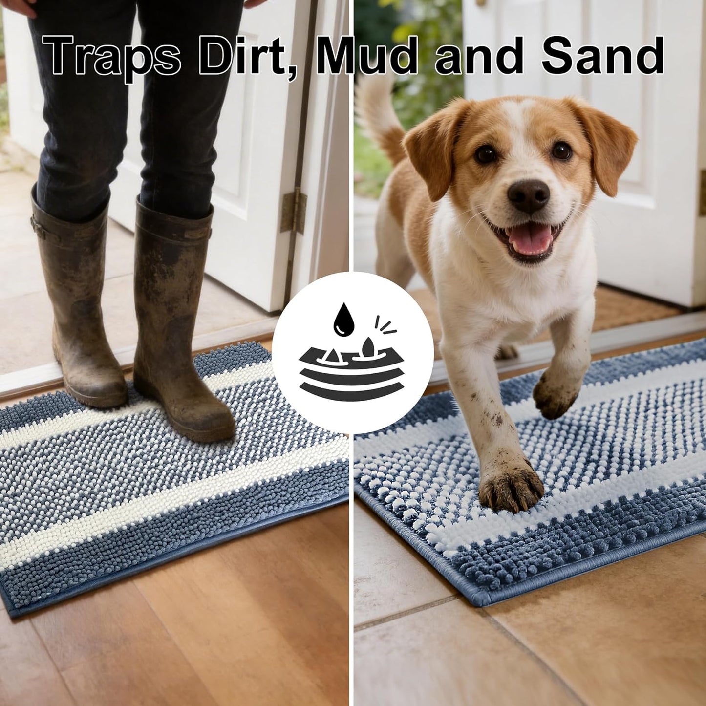 pobopobo Dog Door Mat for Muddy Paws - Absorbent & Washable Chenille Rug, Non-Slip Dirt Trapper for Indoor Outdoor Entryway, Quick Dry Pet Mat for Muddy Dogs (Striped Gray-Blue&White, 24" x 16")