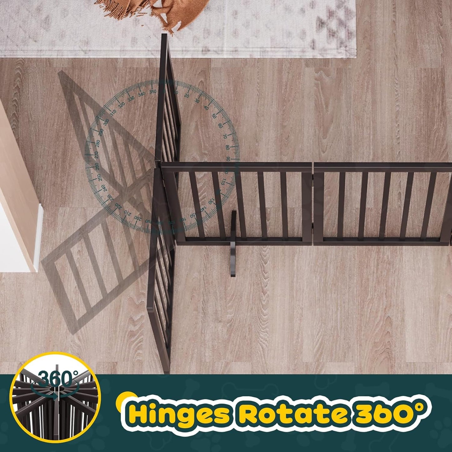 Freestanding Dog Gates Indoor, 3-Panel Pet Gates with 2 Metal Stands and 360° Hinge, 24" H Foldable Dog Gate for Stairs, Doorway, Kitchen, Expands Up to 55" Fully Assembled - Black Walnut