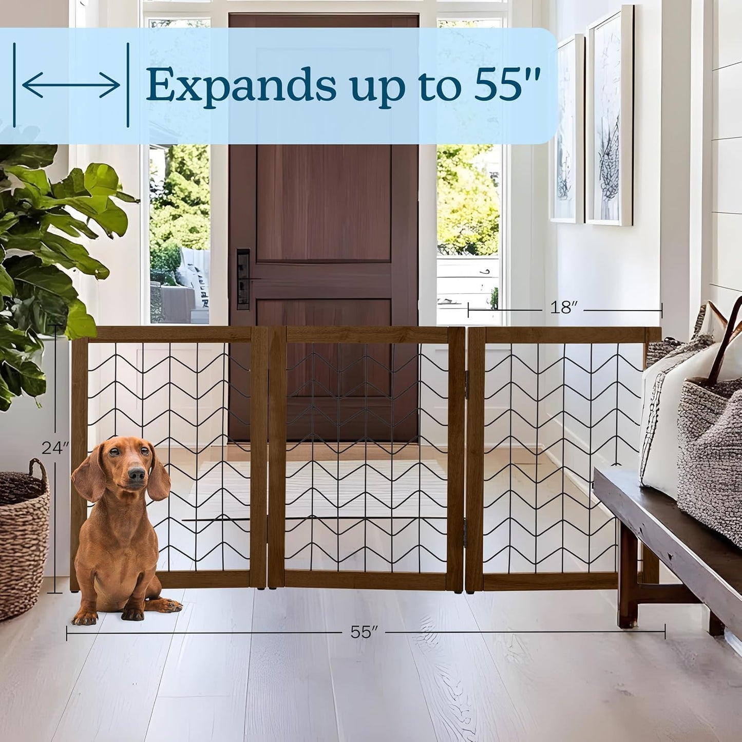 Freestanding Dog Gate - 3-Panel Foldable Indoor Pet Fence - 55x24-Inch Sturdy Metal and Wood Dog Gate - Pet Barrier for Stairs, Hallways, Doorways, or Small Openings by PETMAKER (White)