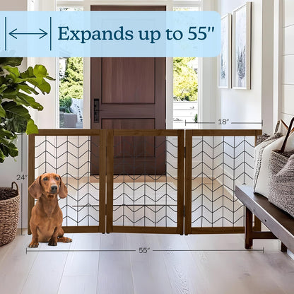 Freestanding Dog Gate - 3-Panel Foldable Indoor Pet Fence - 55x24-Inch Sturdy Metal and Wood Dog Gate - Pet Barrier for Stairs, Hallways, Doorways, or Small Openings by PETMAKER (White)