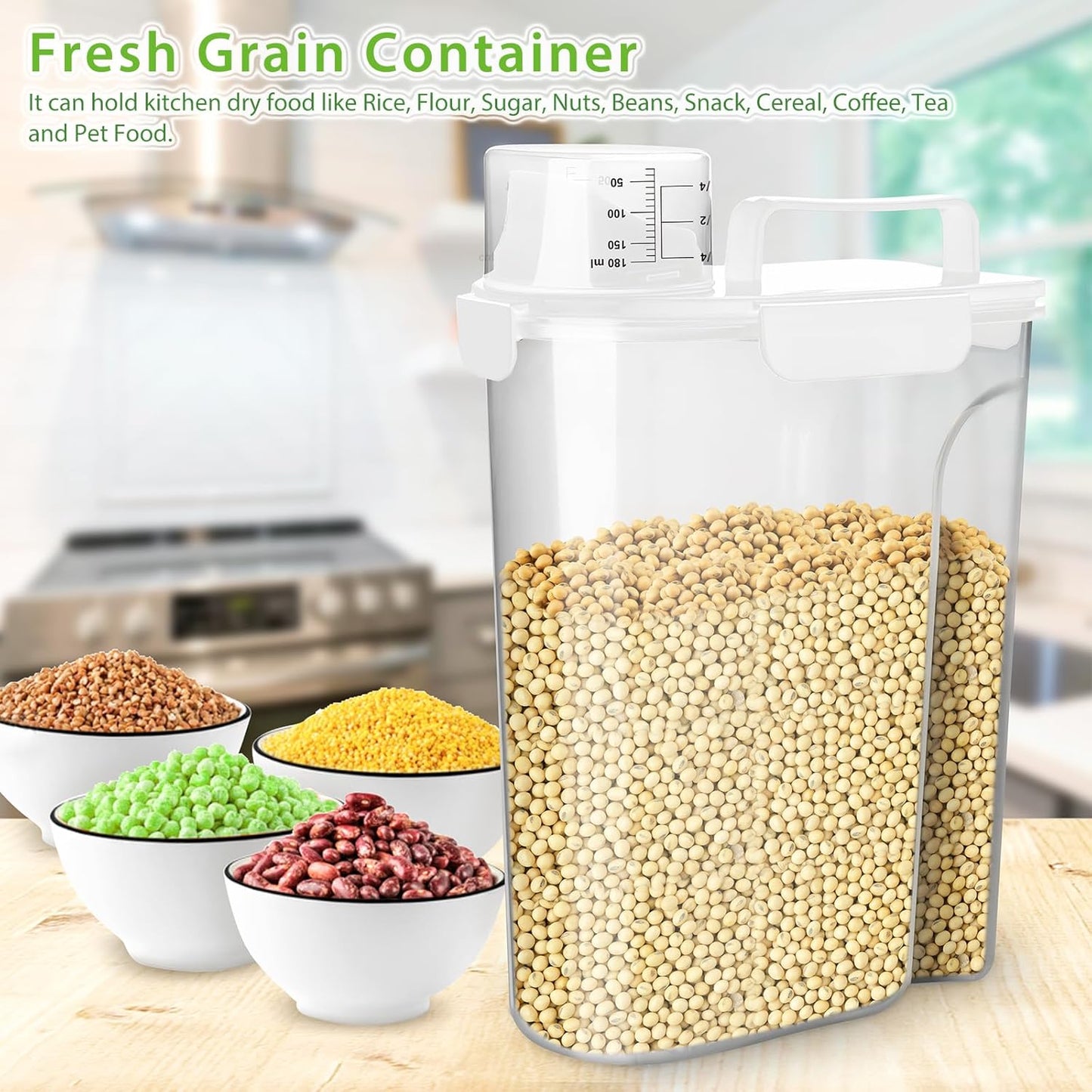Viretec Rice Airtight Storage Container, 3 to 5Lbs Cereal Dry Food Flour Bin, Pet Dog Cat Food Dispenser with Measuring Cup, BPA Free Clear Plastic Kitchen and Pantry Organization Bin for Sugar