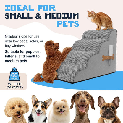 PAWZY Dog Stairs for Medium-Height Beds & Couches, 3-Step Foam Pet Steps 15.5” High for Small Dogs & Cats up to 60 lbs, Wide Non-Slip, Waterproof Washable Zipper Cover, No Assembly, Grey