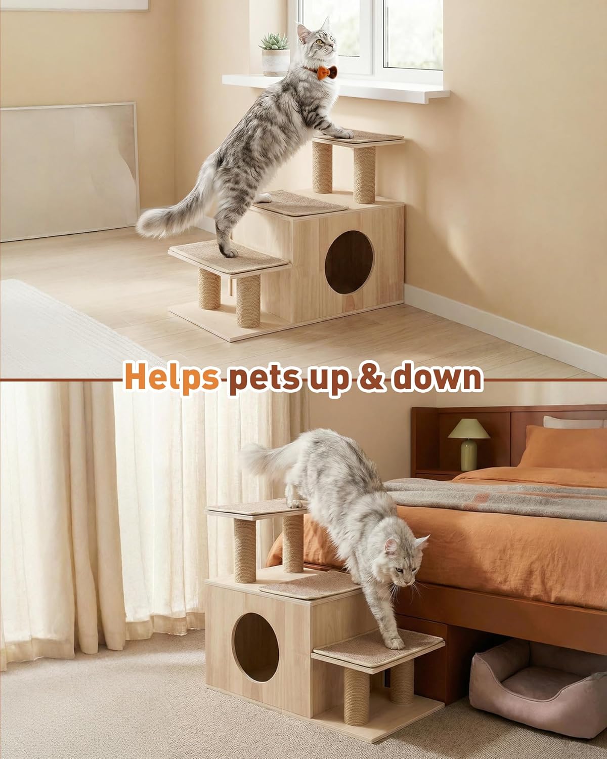 3-in-1 Pet Stairs for Cats, 7.87" Depth Pet Steps for Cat, Wood Cat Stairs for High Bed and Sofa, 1 Condo Cave, Scratching Post, Sturdy Indoor Pet Stairs with Non-Slip Carpet Pads