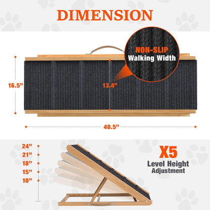 Adjustable Dog Ramp for Bed - 34" Long Foldable Wooden Ramp for Dogs to Get on Bed, Couch, or Car with 12.6" Wide Walking Space (Natural Wood with Gray Carpet)