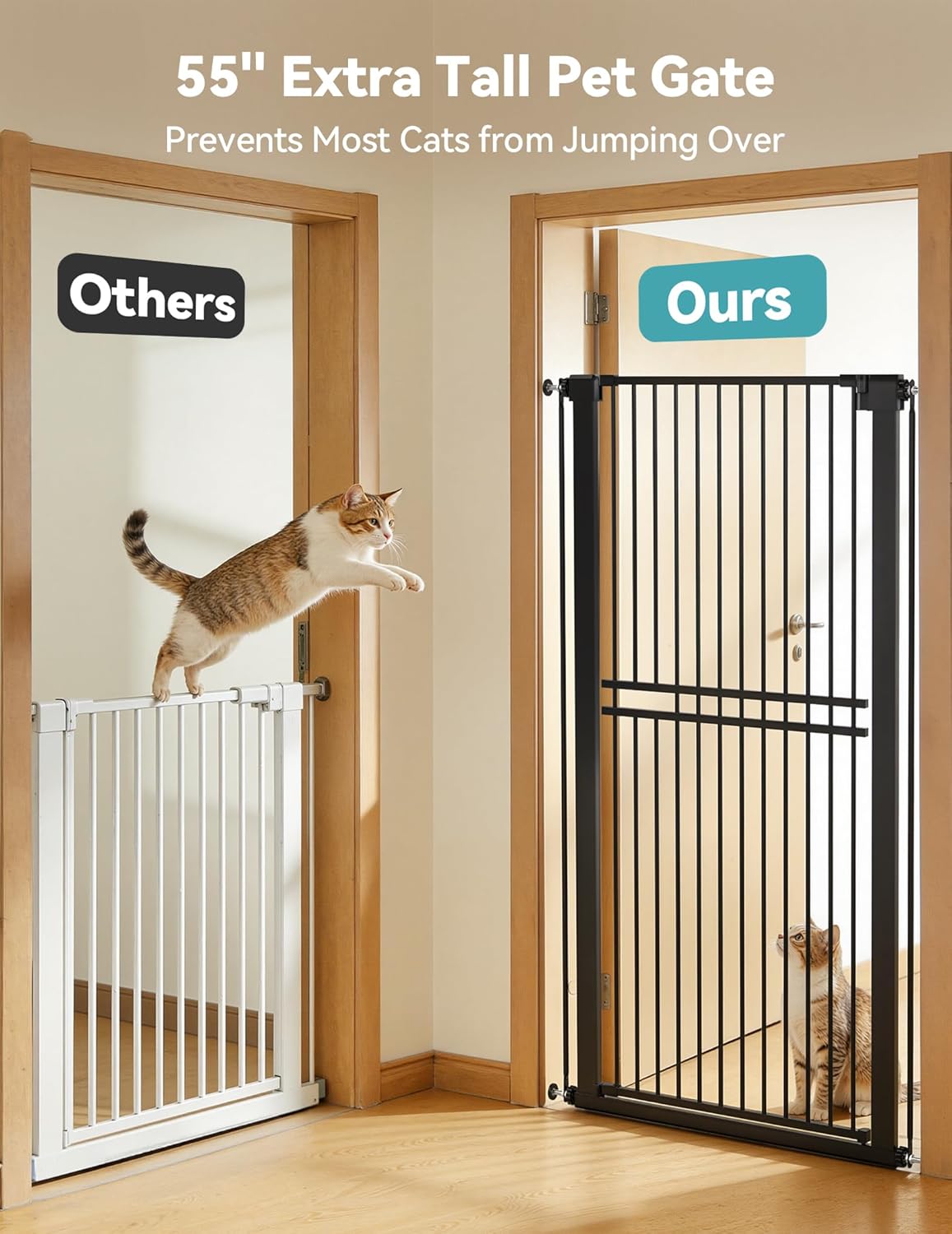 No Pawblems 55" Extra Tall Pet Gate for Cat/Dog, 29-40" Wide Auto Close Tall Dog Gate for Doorways/Hallways, 1.37" Ultra Narrow Spacing, NO Drilling Pressure Mounted, Black