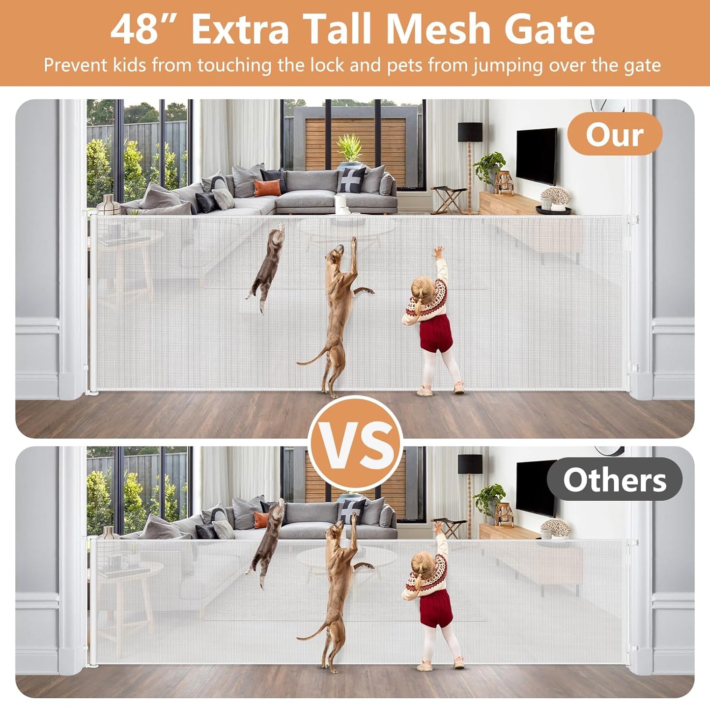 48" Extra Tall Retractable Dog Gate Indoor Prevent Your Baby/Dog/Cat from Jumping Over 55" Wide Extra Tall Retractable Baby Gate for Doorway Mesh Gates for Kids or Pets Puppy Gates for the House, Gray