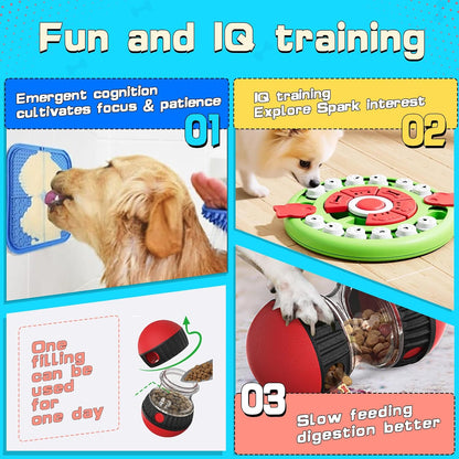 4 in1 Dog Puzzle Toy Set - Slow Feeder & Lick Mat for Puppy IQ Training & Mental Stimulate Treat Dispensing Ball | Pet Enrichment Interactive Toy (4 in 1 Blue+Green)