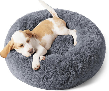 Bedsure Calming Dog Bed Medium Size Dog - Donut Washable Medium Pet Bed, 30 inches Anti-Slip Round Fluffy Plush Faux Fur Cat Bed, Fits up to 45 lbs Pets, Camel