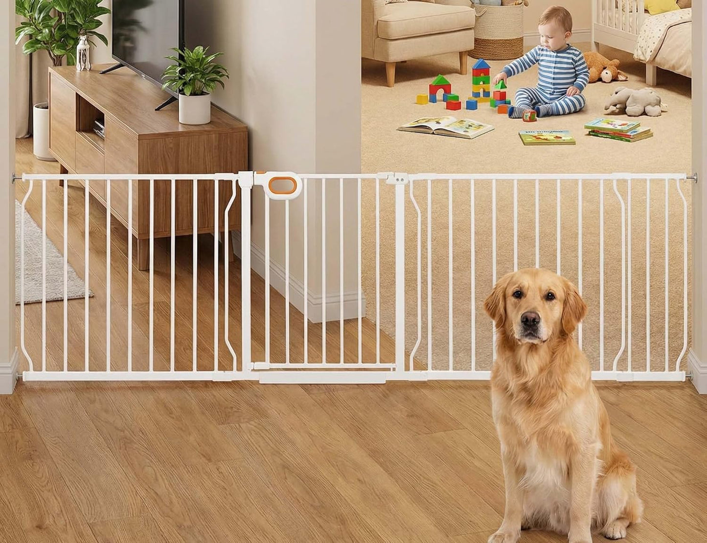 Baby Gates Extra Wide for Doorways 90.6-95.2 Inch Extra Wide Pressure Mounted Baby Dog Gate for the House Indoor Large Openning Metal Safety Gate No Drilling with Walk-Through Door,Black