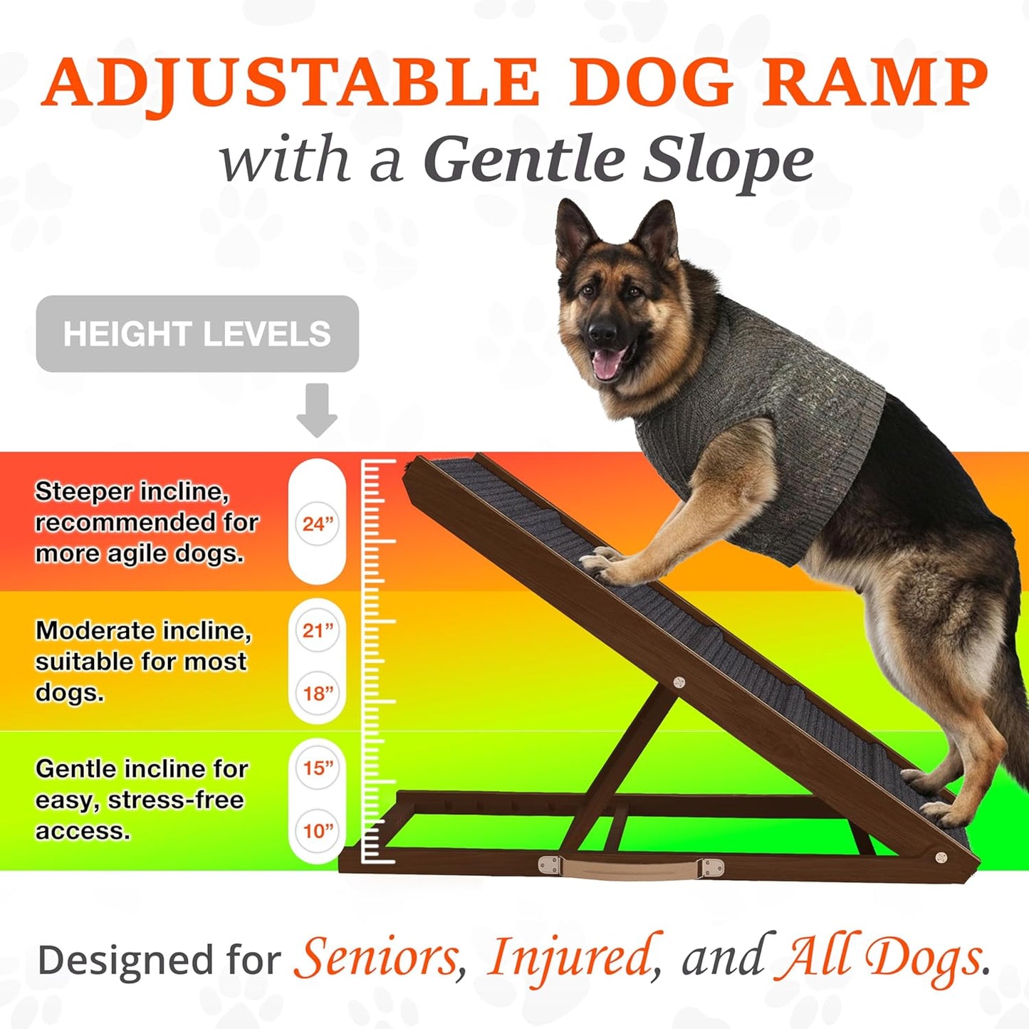 Adjustable Dog Ramp for Bed - 34" Long Foldable Wooden Ramp for Dogs to Get on Bed, Couch, or Car with 12.6" Wide Walking Space (Natural Wood with Gray Carpet)