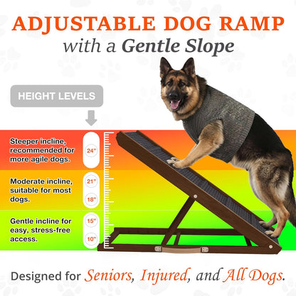 Adjustable Dog Ramp for Bed - 34" Long Foldable Wooden Ramp for Dogs to Get on Bed, Couch, or Car with 12.6" Wide Walking Space (Natural Wood with Gray Carpet)