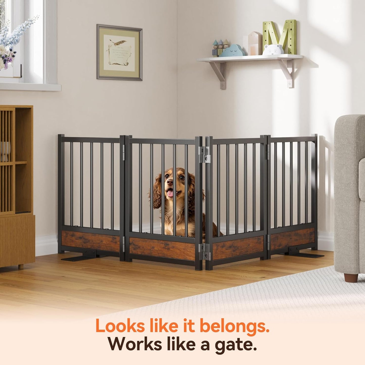 Dog Gate for Small Dogs, 48" No Drill Foldable Reinforced Base Pet Fence, Heavy Duty Step-Over Doorway Puppy Barrier, Anti-Tip Metal Frame, Supports 200+ lbs, Black