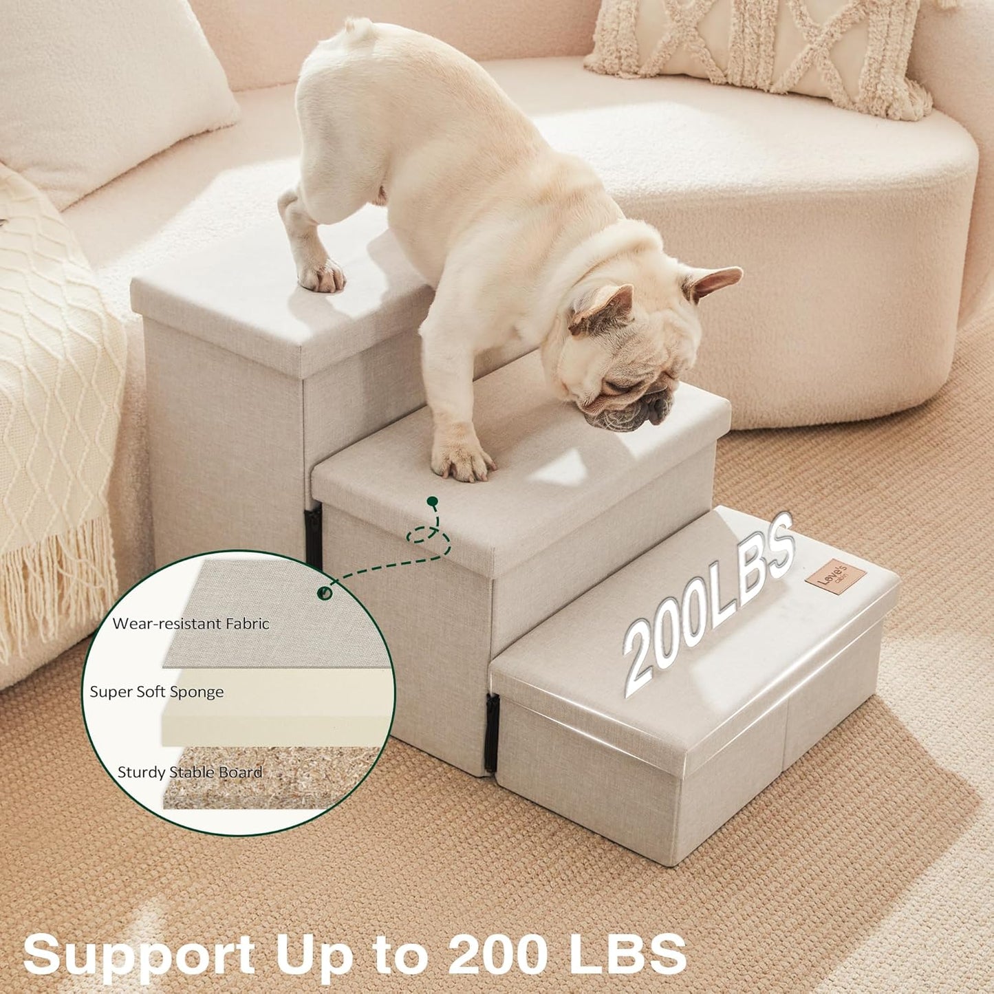 Love's cabin Dog Stairs with Storage 13" H, Foldable Pet Stairs for Small Medium or Large Dogs, Cat Puppy Steps Ramp with Zip up to 150 lbs, Solid Grey, 2 Steps