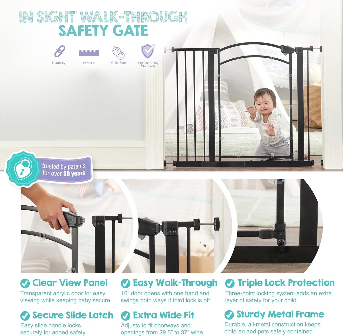 Regalo Safety 30.5-58" Extra Wide Arch Baby Gate with Door, Pressure Mount Walk Through Gate for Doorways & Bottom of Stairs, Babies, Toddlers & Pets, Tested & Safe, American Designed, American Owned
