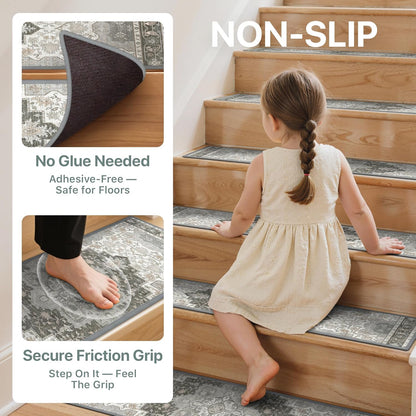 sarben Non Slip Stair Treads for Wooden Steps 15PCS - 8"x30" Indoor Safety Carpet, Edging Mats with TPE Adhesive Backing, Pet and Elderly Friendly Stair Rugs (Taupe) - Colors A