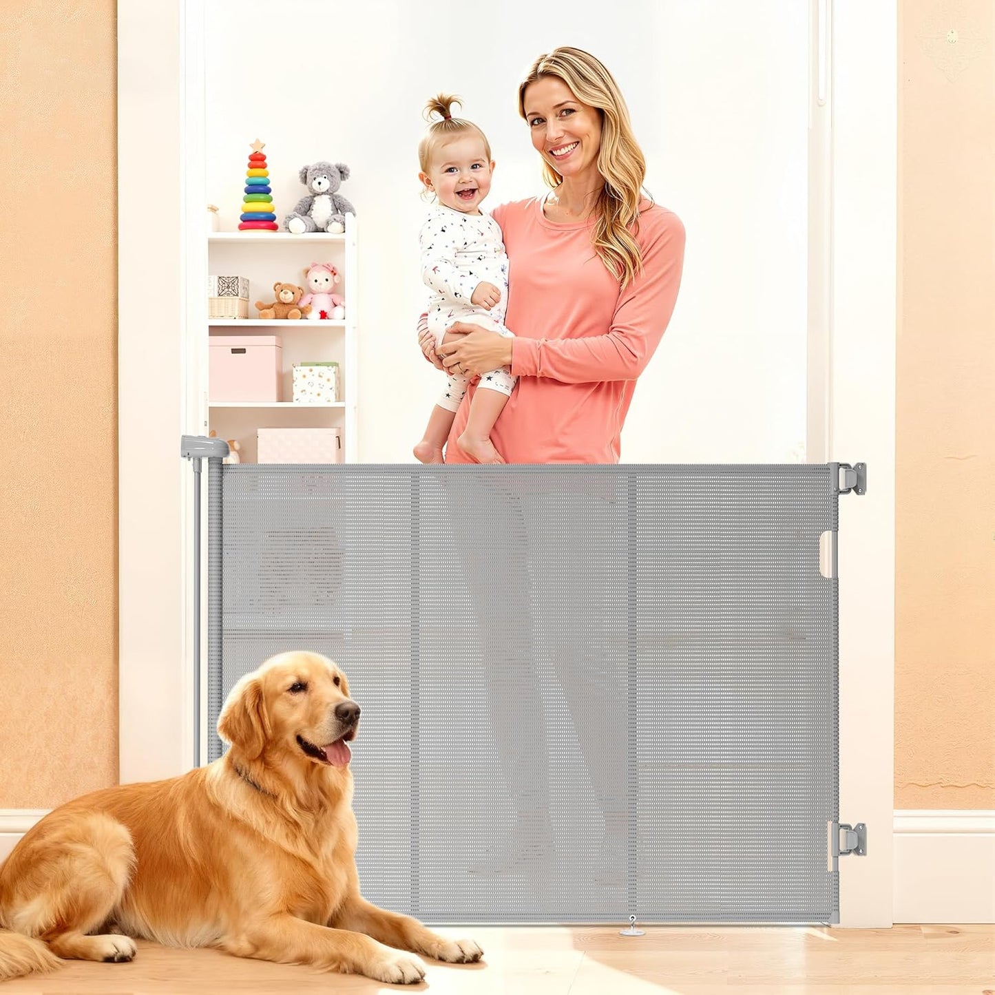 Retractable Baby Gate for Stairs, 42" Tall X 200" Wide Mesh Dog Gate Indoor, Child Gate for Doorways, Hallways, Deck, Indoor Outdoor Pet Baby Safety Essentials for Home, Black