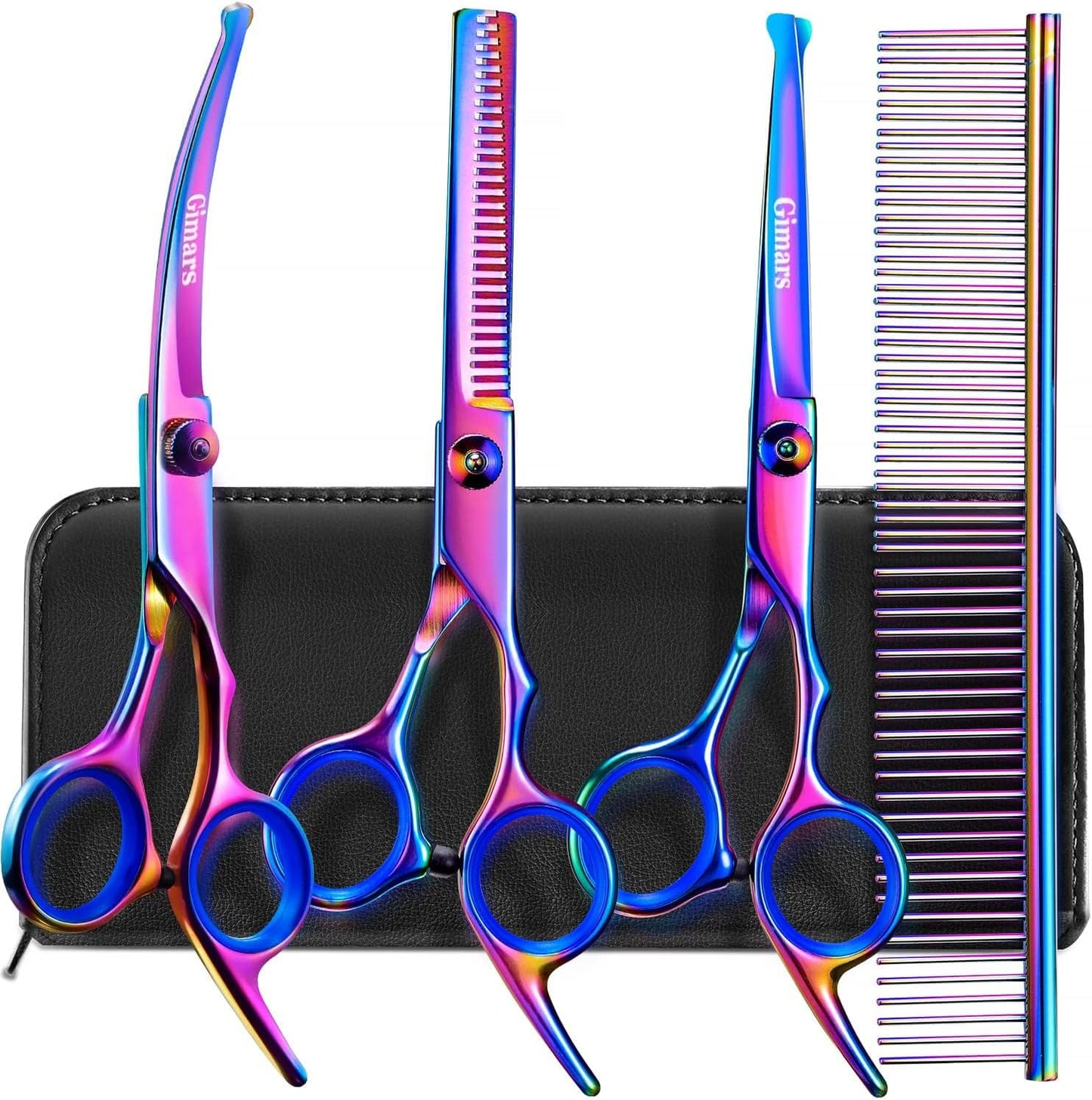 Gimars Titanium Coated Professional 6 in 1 4CR Stainless Steel Dog Grooming Scissors with Safety Round Tip, Heavy Duty Pet Grooming Scissor for Dogs, Cats and Other Animals
