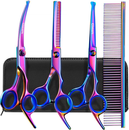 Gimars Titanium Coated Professional 6 in 1 4CR Stainless Steel Dog Grooming Scissors with Safety Round Tip, Heavy Duty Pet Grooming Scissor for Dogs, Cats and Other Animals