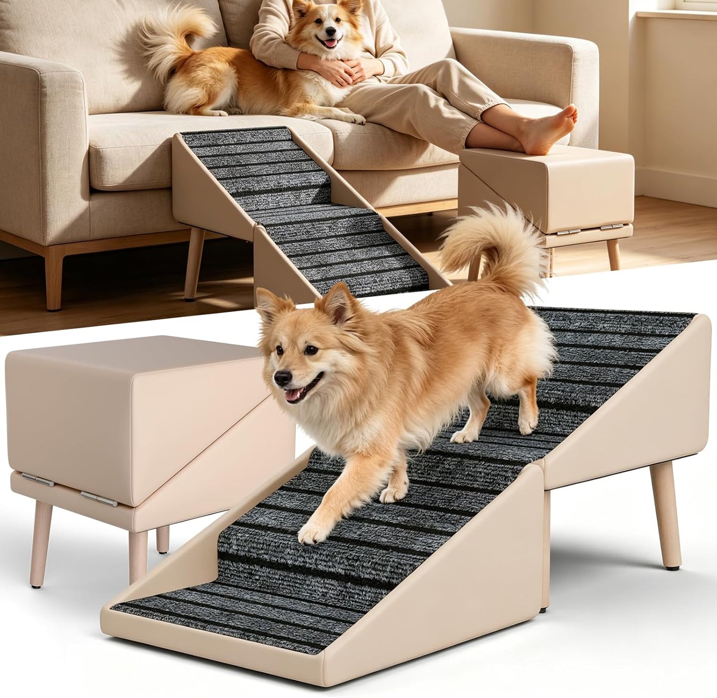 Dog Ramps for Small Dogs, Removable Non-Slip Mat, Foldable Wooden Dog Ramp, Split Ottoman Design for Small Frenchie, Pomeranian, Dachshund, Schnauzer, Chihuahua and so on （Light Brown）