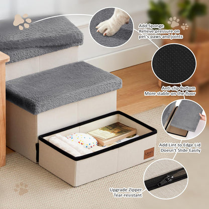 Love's cabin Dog Stairs with Storage 13" H, Foldable Pet Stairs for Small Medium or Large Dogs, Cat Puppy Steps Ramp with Zip up to 150 lbs, Solid Grey, 2 Steps